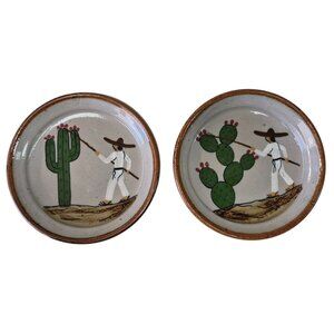 Mexican Tonala Pottery Plates Hand Painted Cactus Fruit